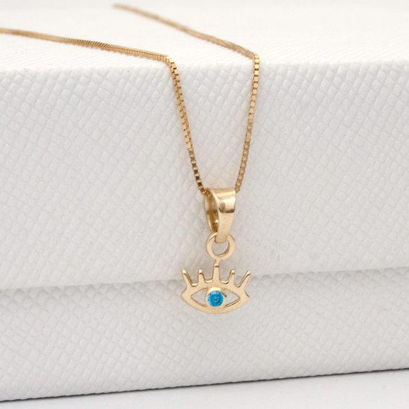 Real Gold Dainty Tiny Evil Eye Charm Necklace Stamped 10K - Picture 1 of 4